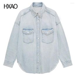 Women's Blouses HXAO Shirt And Jeans Light Blue Hole Denim Shirts Spring Long Sleeve Tops Woman Casual 2024