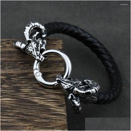 Charm Bracelets Goat Head Men Stainless Steel Vintage Bangles Rune Amet Leather Icelandic Jewellery Drop Delivery Dhnti