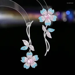 Dangle Earrings Bling Pink Cubic Zirconia Crystal Cherry Blossom Asymmetry Dangling Flower Women Party Engagement Jewelry Accessory