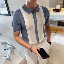 Men's Polos Contrast Knit Stripe POLO Shirt British Men Fashion Short Sleeve Camisa Masculina Playera Hombre S-3XL