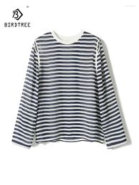 Women's T Shirts BirdTree Mulberry Silk Elegant T-Shirt For Women Long Sleeve Striped Commute Hollow Out Basic Tops 2024 Spring T43719QC