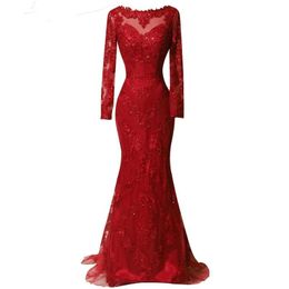 Elegant Red Women Evening Pagent Dress 2024 Scoop Beaded Lace Long Sleeve Mermaid Tulle Prom Party Gowns Robe De Soiree