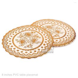 Table Mats 12pcs 8 Inches Eco-friendly PVC Plastic Round Golden Lace Scarf Doily Placemat Tabletop Place Dining Decoration Tools