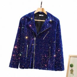 2023 Nightclub DJ Singer Stage Performance Sequin Jacket Men Fi Bling Shiny Suit Collar Coat F7U7#