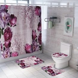 Bath Mats 3D Flower Print Mat Shower Curtain Set Non Slip Carpet Bathroom Rugs Toilet Seat Cover Rug Foot Pad