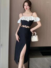 Casual Dresses Summer Black Patchwork White Ruffled Sling Long Dress Women Fashion Chic Hollow Sexy Club 2024 Korean Elegant Bodycon Robe