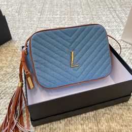 Womens Designer Blue Denim Camera Box Vanity Bags With Tassel Gold Metal Chain Crossbody Shoulder Handbags Large Capacity Outdoor Sacoche Purse 23x16cm