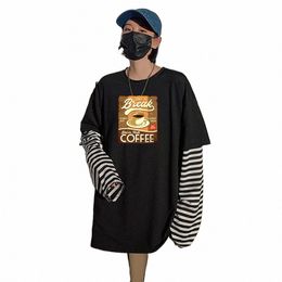 lg Sleeve T-shirt Crew Neck Top Outdoor Pattern Printing Fake Two Clothes Striped Lg Sleeve Spring and Autumn Boy Student e0NN#