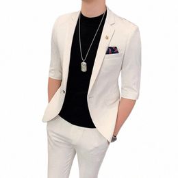 jacket+pants Men Spring High Quality Half Sleeve Busin Suits/Male Slim Fit Fi Groom's Wedding Dr Man Casual Blazers X8g5#