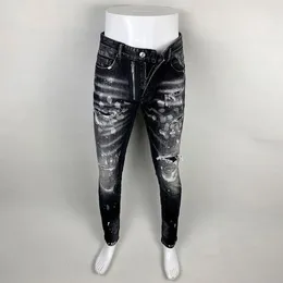 Men's Jeans Street Fashion Men Retro Black Gray Stretch Slim Fit Patched Ripped Painted Designer Hip Hop Brand Pants Hombre