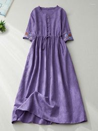 Party Dresses Summer Indie Folk Jacquard Embroidery V-Neck Ruffled Collar Shirt Dress High Waist Slim Drawstring Midi For Women