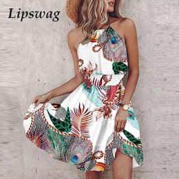 Casual Dresses Sexy Cold Shoulder Halter Mini Dress Holiday 2024 Backless Elastic Waist Ruffle Bohe Women Slim Printed Party