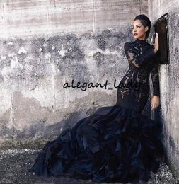 Black Mermaid Lace Wedding Dresses With Long Sleeves High Neck Ruffles Skirt Women Non White gothic lds Bridal Gowns With Color Co5499540