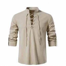 2022 New Men's V-neck shirt T-shirt Fi Vintage Thin Lg Sleeve Top men Casual Breathable Frt Lace Up man Shirts P2wS#