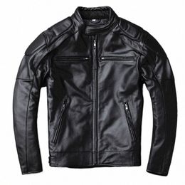 men's Natural Leather Motorcycle Jacket Stand Collar Cropped Autumn Jacket Men Black Calfskin Biker Clothing Removable Lining k4Be#