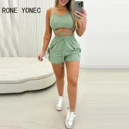 Women's Tracksuits 2024 Women Sexy Spaghetti Straps Criss Cross Cami Top & Drawstring Shorts Pockets Summer Short Sets