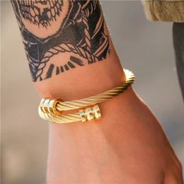 Hip Hop Stainless Steel Twine Men Bangle Bracelet Adjustable Open Cuff Charm Punk Geometric Type Jewelry Trend 240307