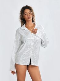 Women's Blouses Women S Long Sleeve Sequin Shirts Loose Button Down Lapel Collar Sparkly Casual Oversized Disco Blouse Tops Clubwear