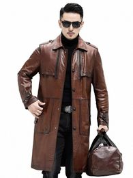 busin Men Work Sheepskin Trench Coat Autumn Windbreaker Slim Fit Lg Genuine Leather Jacket Plus Size 5XL Outerwear Overcoat H6at#