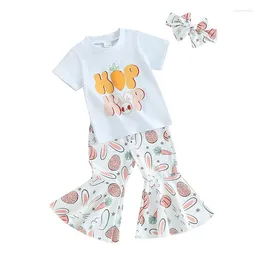 Clothing Sets Baby Girl Bell Bottom Outfit Short Sleeve T-shirt Flare Pants With Headband 3Pcs Clothes Set Easter Outfits