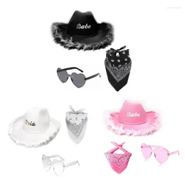 Berets Furry Brim Cowboy Costume Set Western Panama Hat Neck Scarf Heart Sunglasses Adult Girl Cosplay Party Accessories 3pcs