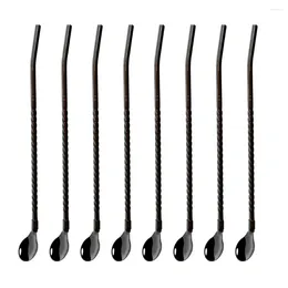 Dinnerware Sets 8PCS Long Polished Straw Spoon Portable Scoop Reusable 304 Stainless Steel Straws Coffee Stirring Set