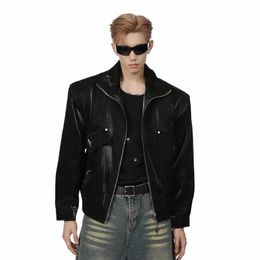 fewq Niche Design PU Leather Jacket Feel Shoulder Pad Autumn Winter Metal Highend Trend 2023 Lg Sleeve Male Tops Winter g20T#