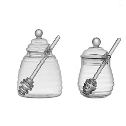 Dinnerware Honey Jar With Lid And Stirring Stick High Borosilicate Transparent Glass Creamer Pots Jam Storage Bottle Dipper