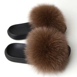Slippers Slippers Fur Summer Womens Real Fox Slides Ome Furry Flat Sandals Non slip Fluffy Flip Cap Cute Plus Soes H240326PIY7