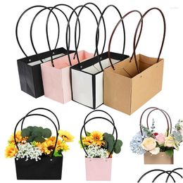 Gift Wrap Portable Flower Bouquet Bag Waterproof Kraft Paper Handy Handbag Rose Birthday Party Candy Cake Box Packaging Drop Delivery Dhv7B