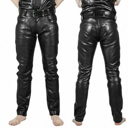 mens Faux Leather Pants PU Material Black Slim Fit Motorcycle Leather Trousers For Male v4RW#