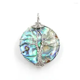 Pendant Necklaces Silver Plated Wire Wrap Abalone Shell Round For Gift Tree Of Life Fashion Jewelry