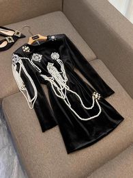 Spring Autumn Black Solid Colour Beading Velour Dress Long Sleeve Round Neck Rhinestone Short Casual Dresses O4J272593