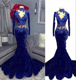 2022 Royal Blue Evening Dresses Wear Black Girls Sequined Lace see through Long Sleeves Lace Appliques Beads African Formal Prom M5086931