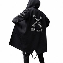 streetwear Men Hooded Jackets Print Harajuku Windbreaker Ribb Overcoat Male Casual Trench Man Outwear Hip Hop Coats Oversized D65L#