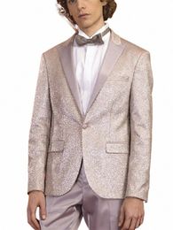 pink Men's Suit 2 Pieces Sparkly Sequins Blazer Pants One Butt Peaked Lapel Satin Fi Wedding Groom Tailored Costume Homme k9FE#