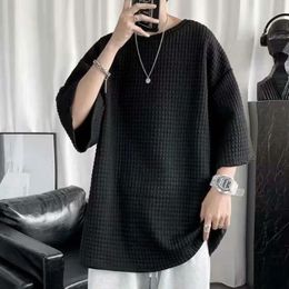 Waffle Tshirt Mens Large Size Summer Loose Oneck Shortsleeved Top Men Fivequarter Sleeves Ins Casual Comfortable Tshirt 240315