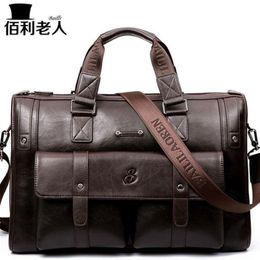 BailiLaoRen Business Briefcase Leather Man 14-15 Laptop Handbags Large-Capacity Travel Men's Messenger Crossbody Bag P02620