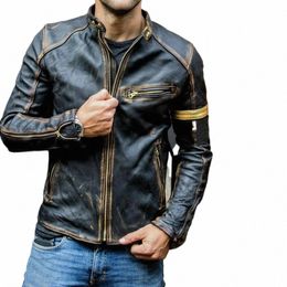 Giacca da uomo in pelle da uomo di bellezza, colletto alla coreana, giacca in pelle da motociclista punk p1S2 #