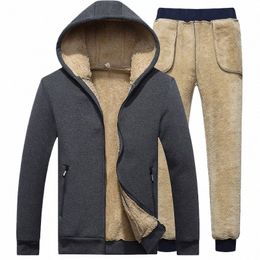 winter Men Set Warm Thick Hooded Jacket+Pants 2PC Sets Men Lamb cmere Hoodies Zipper Tracksuit Man Sports Suit Plus size 6XL M0vp#