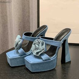 Sandals Eilyken denim ultra-high heel womens slide fashion design crystal flower leather toe gladiator sandals summer slideL2403