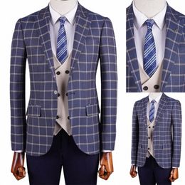 dark Men's Suits Tailored 3 Pieces Blazer Vest Navy Pants Peaked Lapel One Butt Slim Fit Plaid Wedding Custom Made Plus Size E8fE#