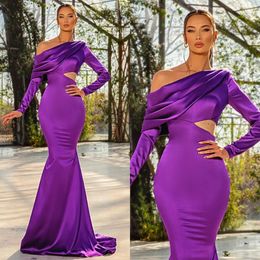 Elegant Purple Evening Dresses Pleats Long Sleeves Party Prom Dress Cutaway Sides Long Dress for red carpet special occasion