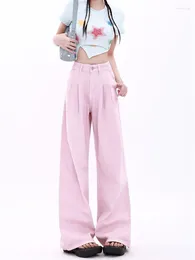 Women's Jeans WCFCX STUDIO Pink Baggy Woman High Waist Wide Leg Denim Trousers Y2K Streetwear Design Vintage Straight Jean Pants