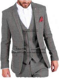 formal Gray Men Suits Plaid Tweed Groom Wedding Tuxedos 3 Pieces Busin Male Prom Blazers Slim Fit Groomsmen Terno MAsculino 00RY#