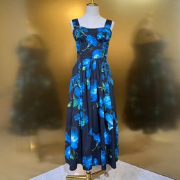 Womens Dress European Fashion brand Cotton black hyacinth print gathered waist sleeveless slip midi dress