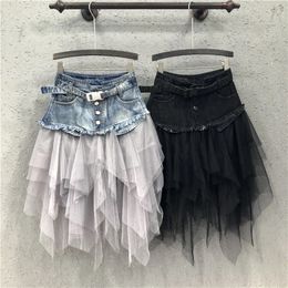 Asymmetrical Denim Jeans Tulle Skirts Womens High Waist Long Mesh Pleated Midi Y2K Gothic Skirt with Pockets Belt Tutu Jupe 2024 240326