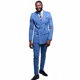 Roupas masculinas terno azul duplo breasted pico lapela formal blazer 2 peça jaqueta calças conjunto completo inteligente casual roupas de escritório j9S5 #