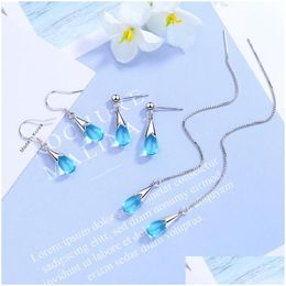 Dangle Chandelier Fashion Blue Teardrop Crystal Drop Earrings For Women Sier Colour Long Tassel Threader Chain Korean Aesthetic Deliver Otnck