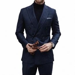 double Breasted Chic Full Set Navy Blue Pinstripe Blazer Luxury 2 Piece Jacket Pants Formal Costume High Quality Men's Suits Y9GM#